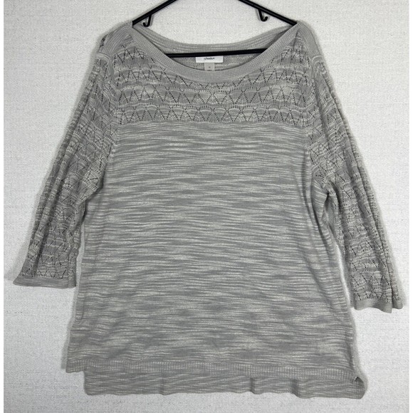 CJ Banks Lightweight Sweater Womens 1X Slub Knit Body Crochet Shoulders Gray - Picture 1 of 11